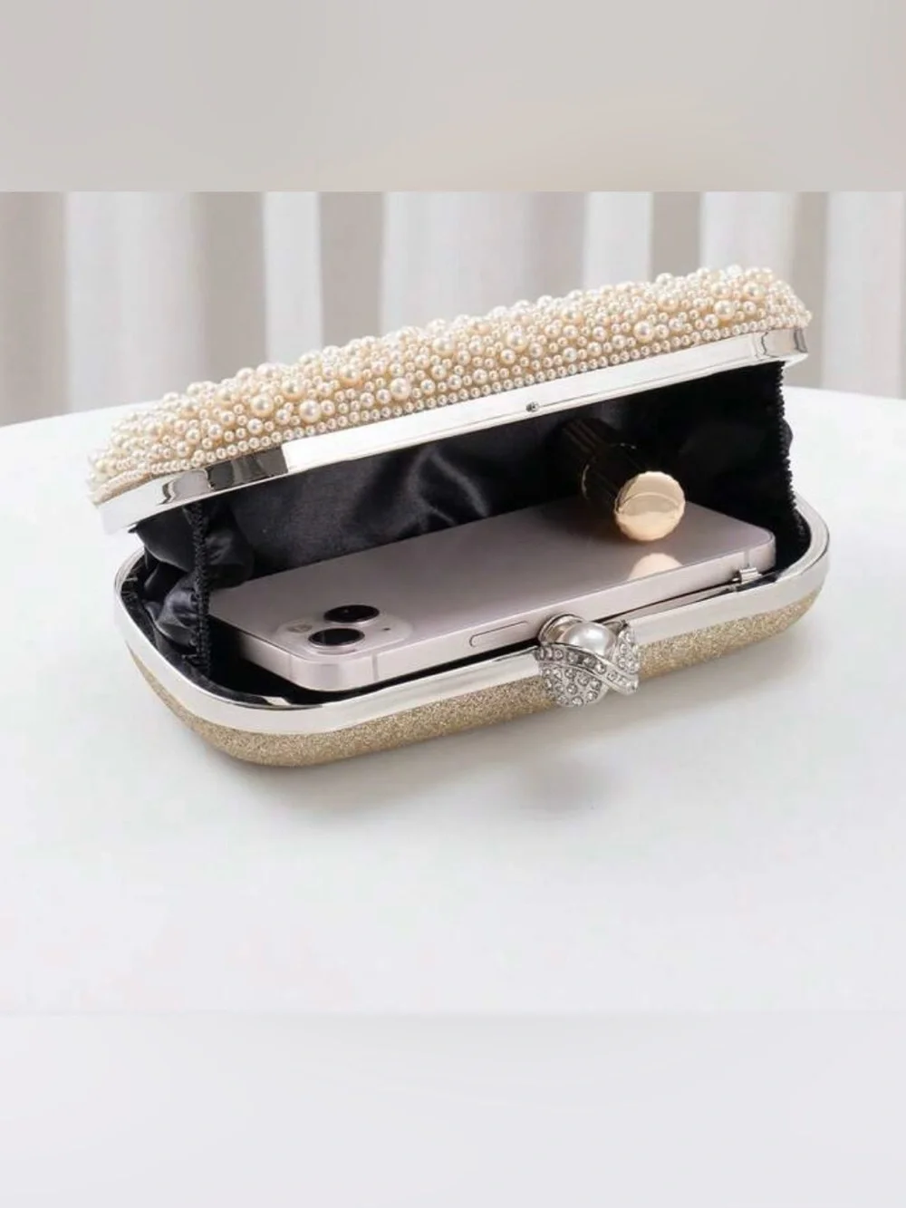 Pearl & Crystal Embellished Clutch - Apricot